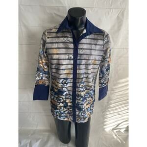 Mishca Blue Multicolor Floral Tunic Sheer Blouse Mesh Long Sleeve Women’s SMALL